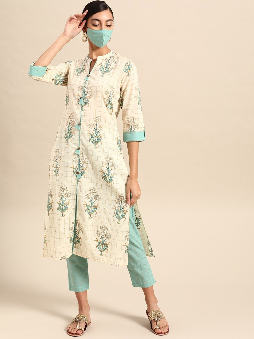 

all about you Ethnic Motifs Printed Regular Pure Cotton Straight Kurta With Trouser, Off white