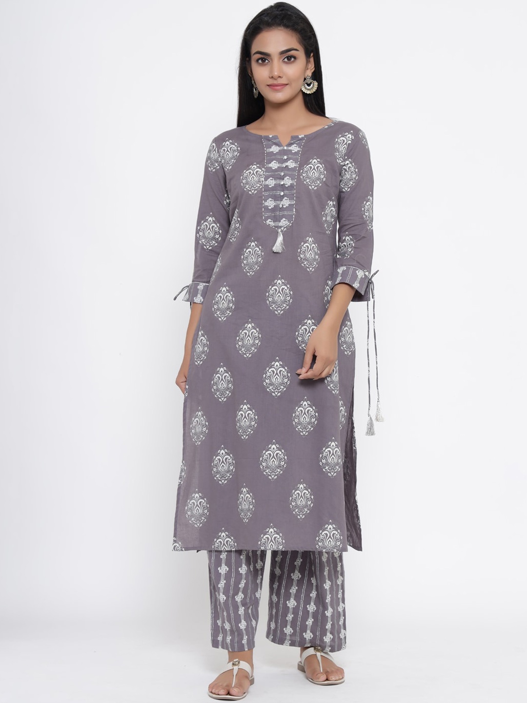 

all about you Ethnic Motifs Printed Pure Cotton Notched Neck Straight Kurta with Palazzo, Grey