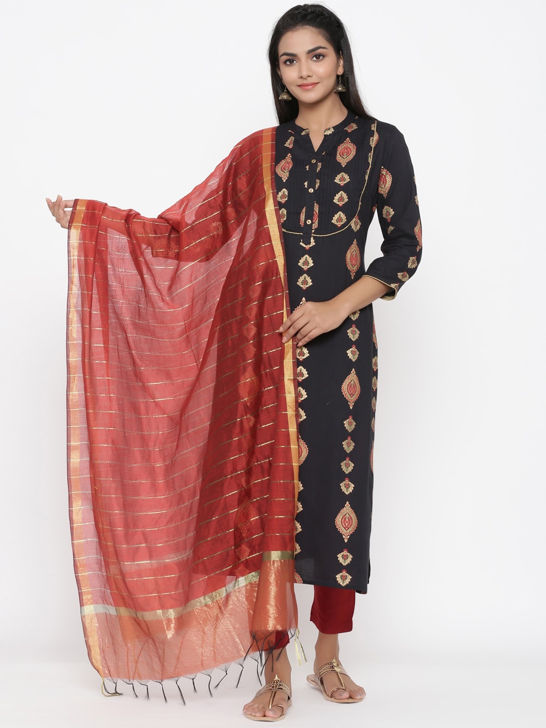 

all about you Ethnic Motifs Printed Pleated Kurta with Trousers & Dupatta, Black