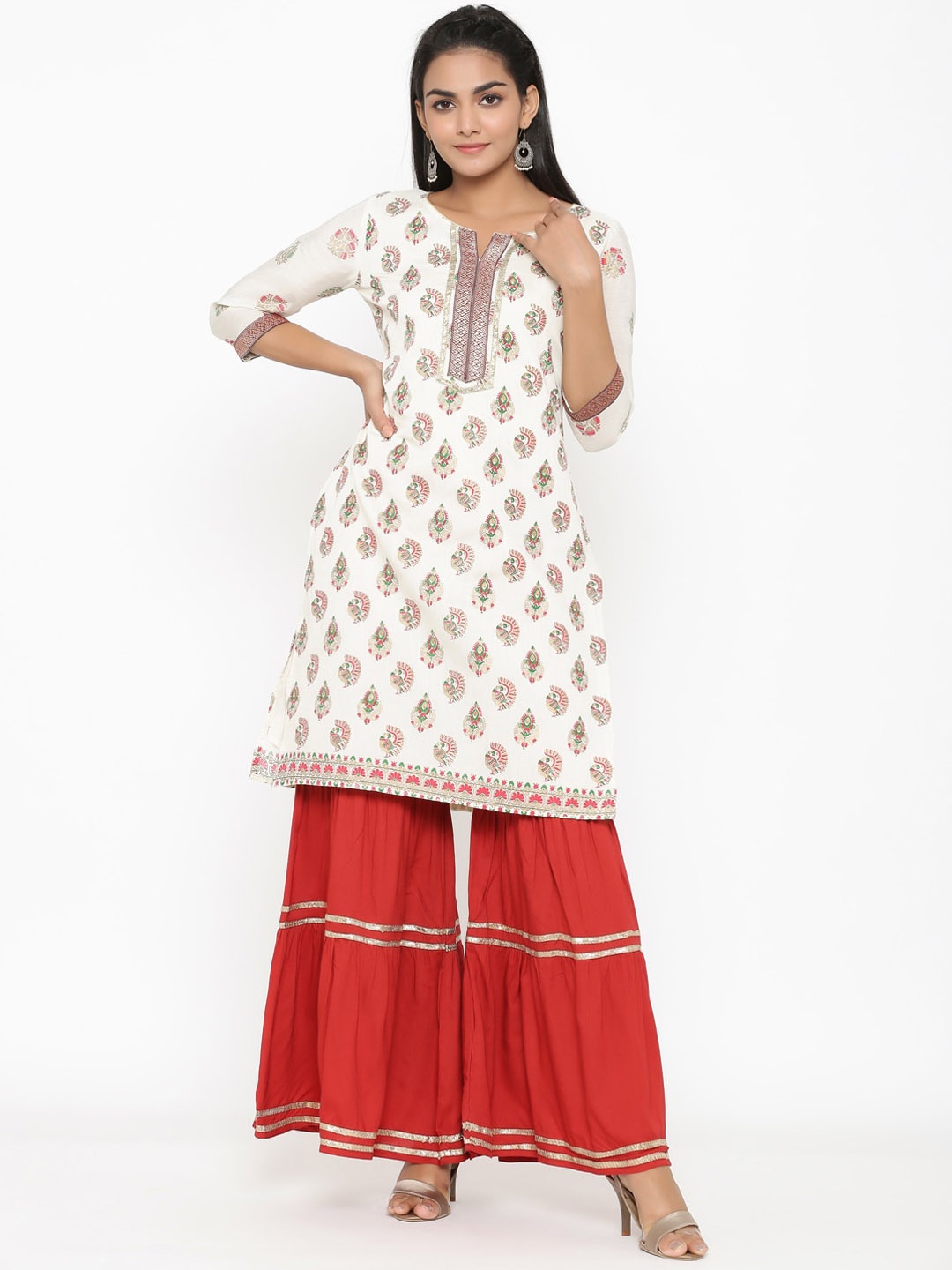 

all about you Ethnic Motifs Printed Gotta Patti Notched Neck Straight Kurta with Sharara, Off white