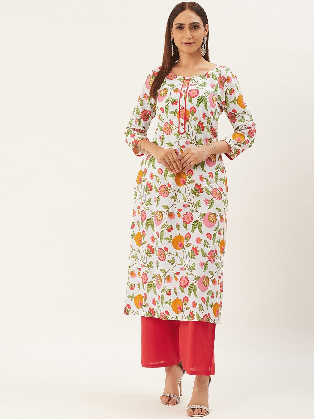 

all about you Floral Printed Regular Pure Cotton Round Neck Straight Kurta with Palazzo, White