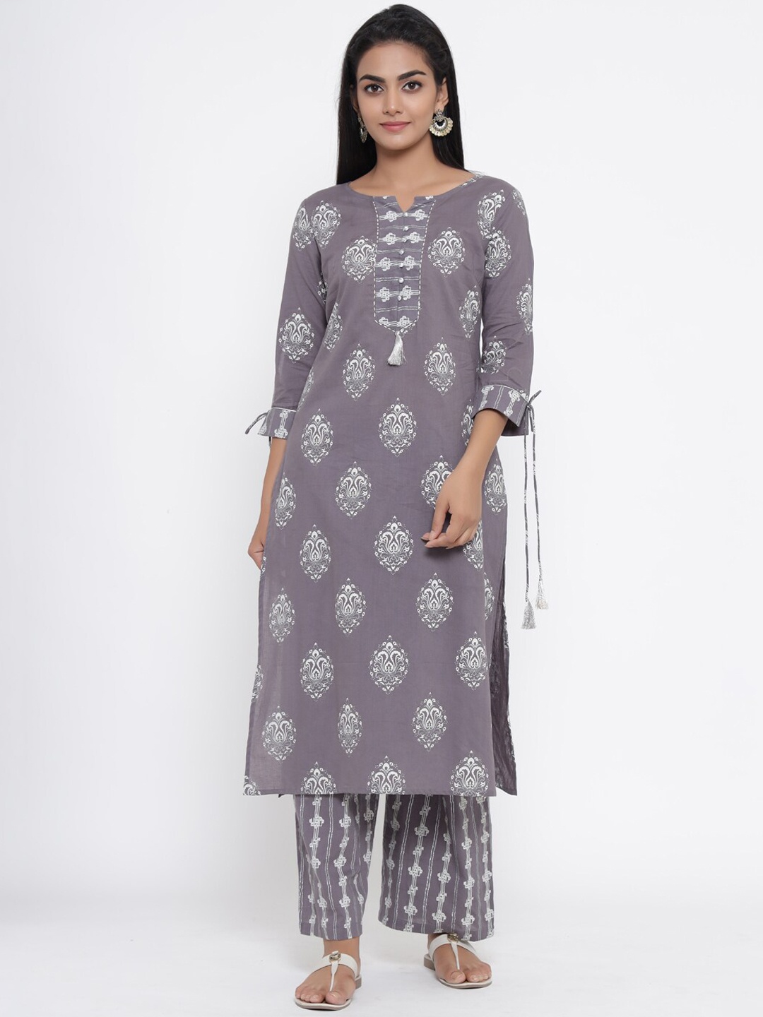

all about you Ethnic Motifs Printed Pure Cotton Notched Neck Straight Kurta with Palazzo, Grey