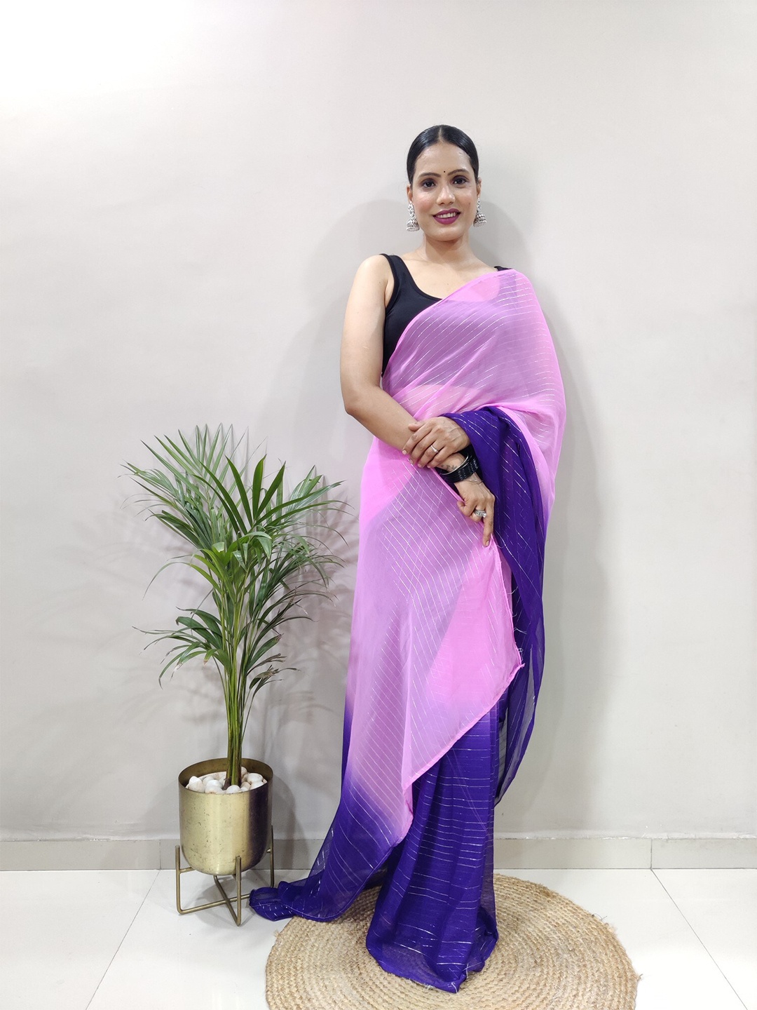 

LeeliPeeri Designer Striped Zari Ready to Wear Saree, Pink