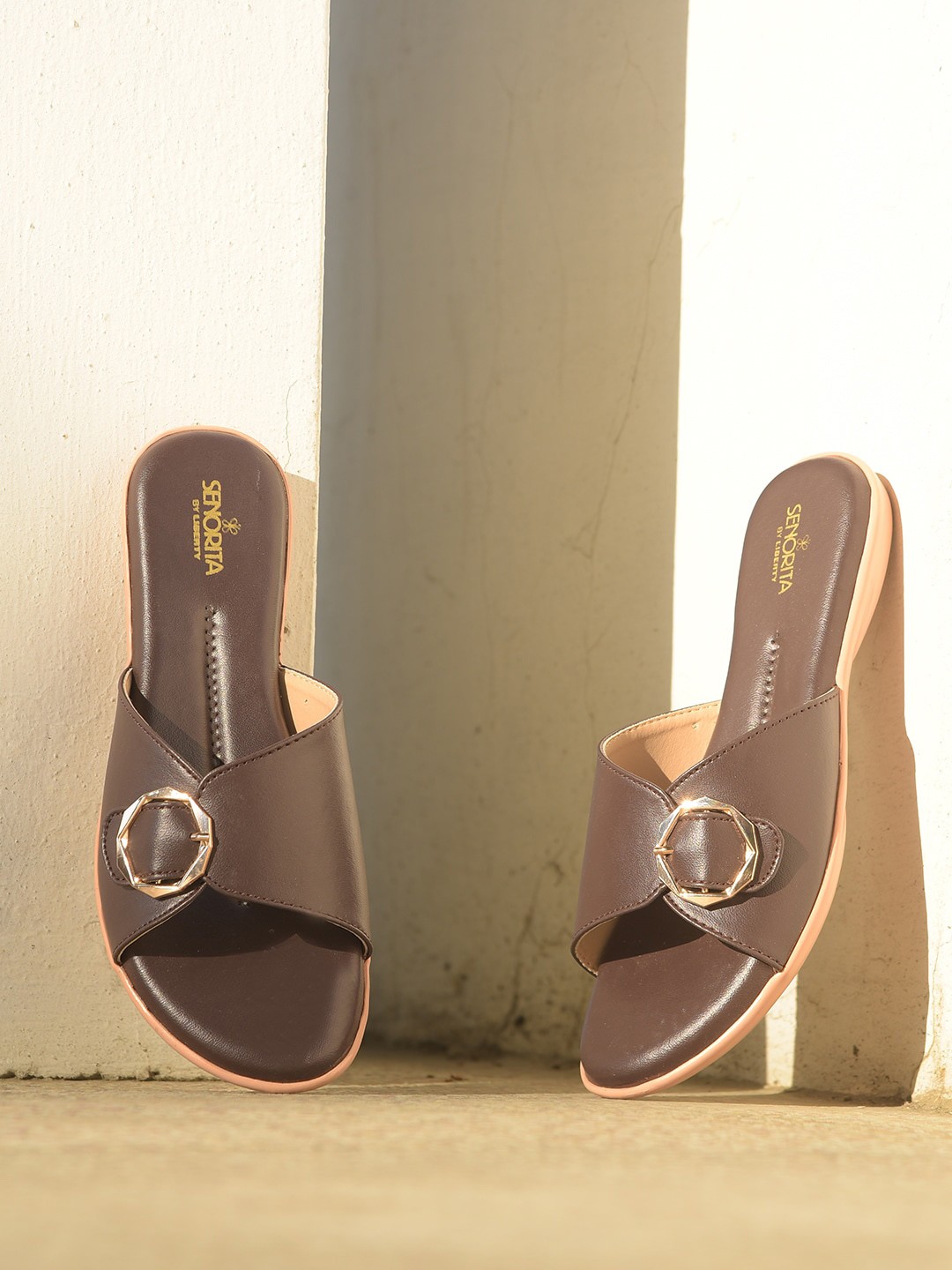 

Liberty Open Toe Flats With Buckles, Brown
