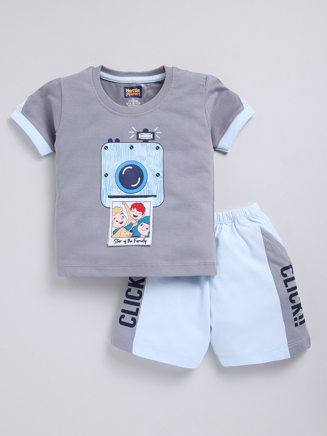 

Nottie Planet Boys Graphic Printed Pure Cotton T-shirt with Shorts, Grey