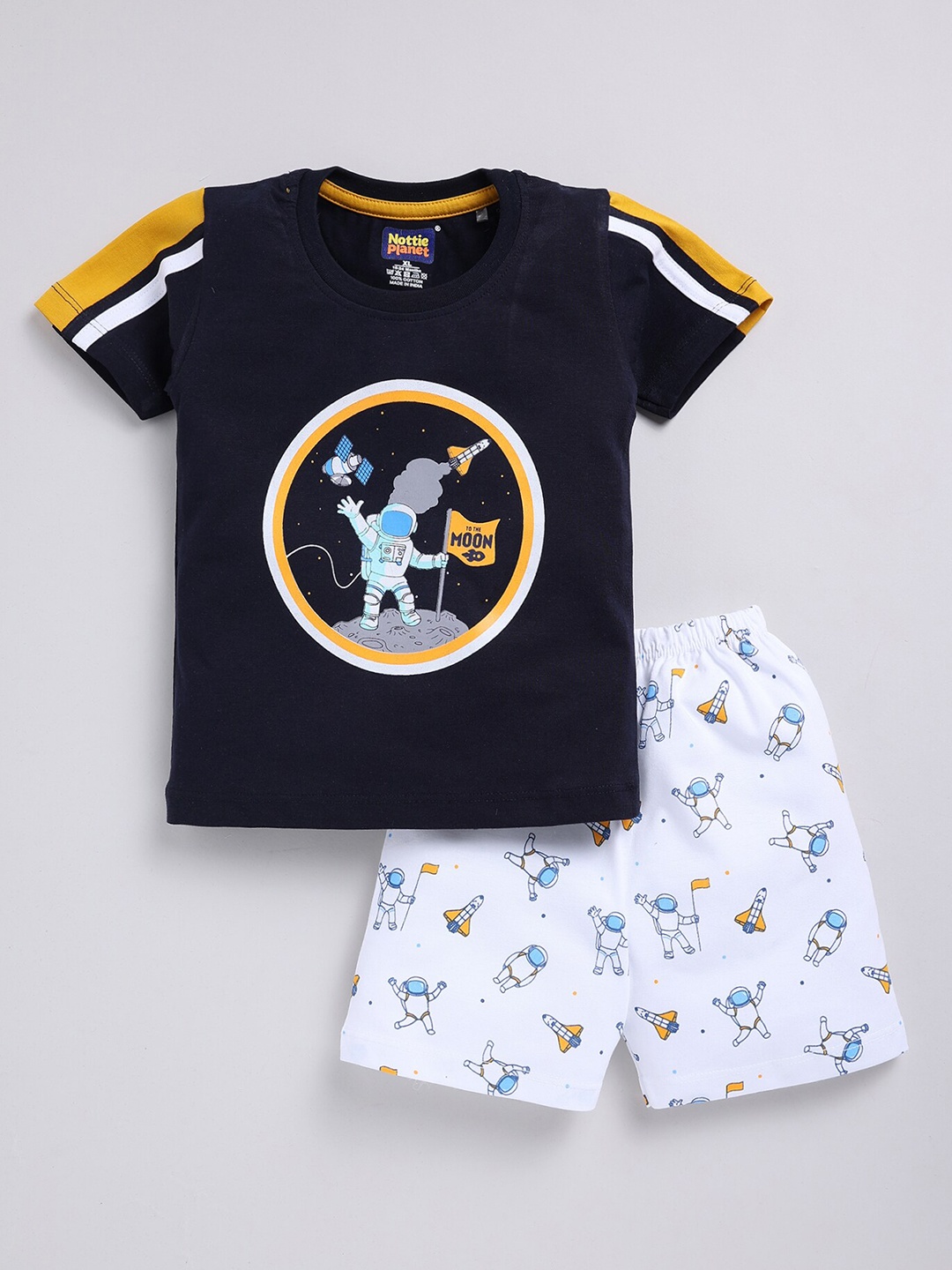 

Nottie Planet Boys Graphic Printed Pure Cotton T-shirt with Shorts, Navy blue