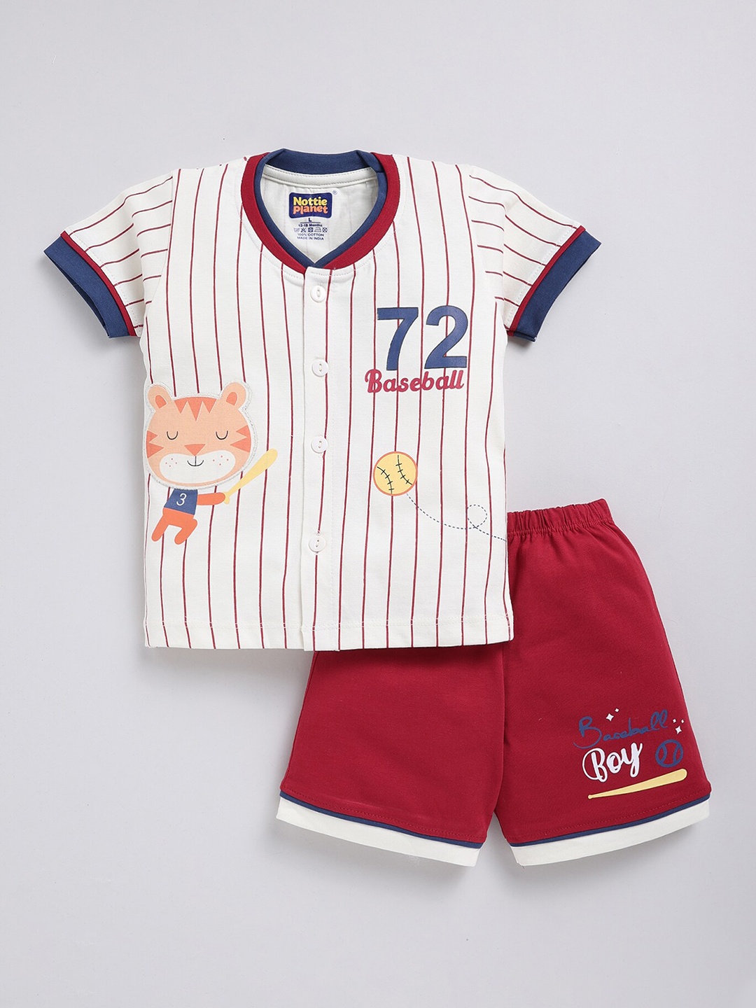 

Nottie Planet Boys Striped Pure Cotton T-shirt with Shorts, Cream