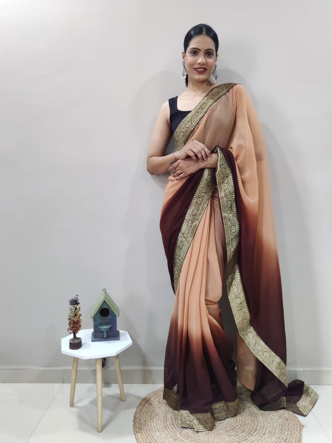 

LeeliPeeri Designer Zari Georgette Ready to Wear Saree, Brown