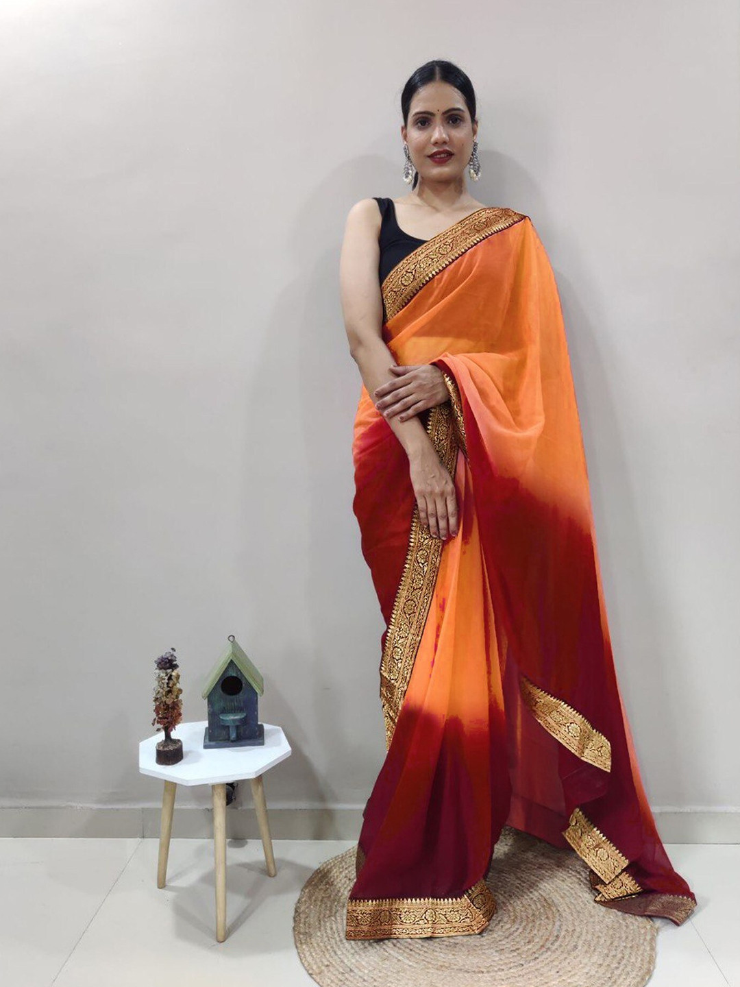 

LeeliPeeri Designer Zari Georgette Ready to Wear Saree, Orange