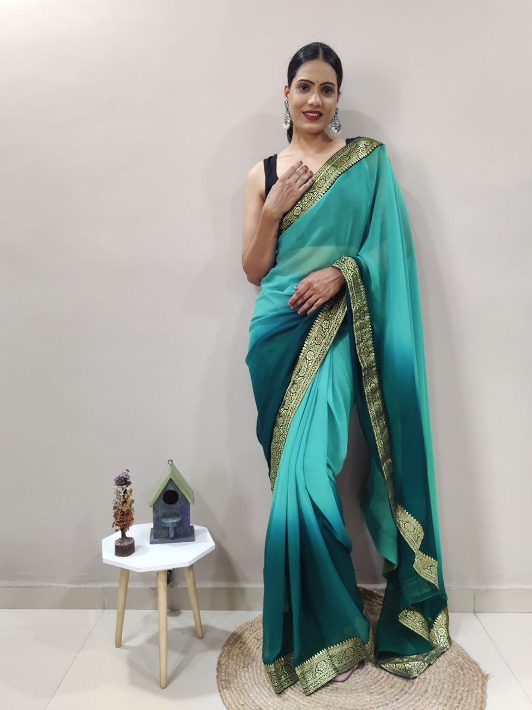 

LeeliPeeri Designer Zari Georgette Ready to Wear Saree, Teal