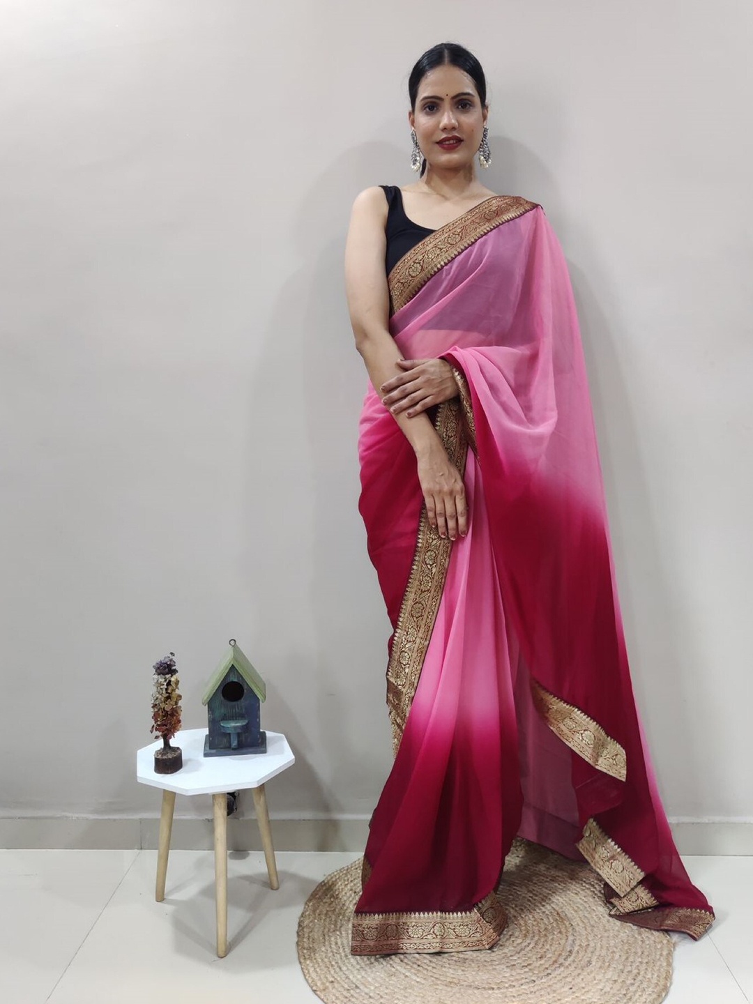 

LeeliPeeri Designer Zari Georgette Ready to Wear Saree, Pink