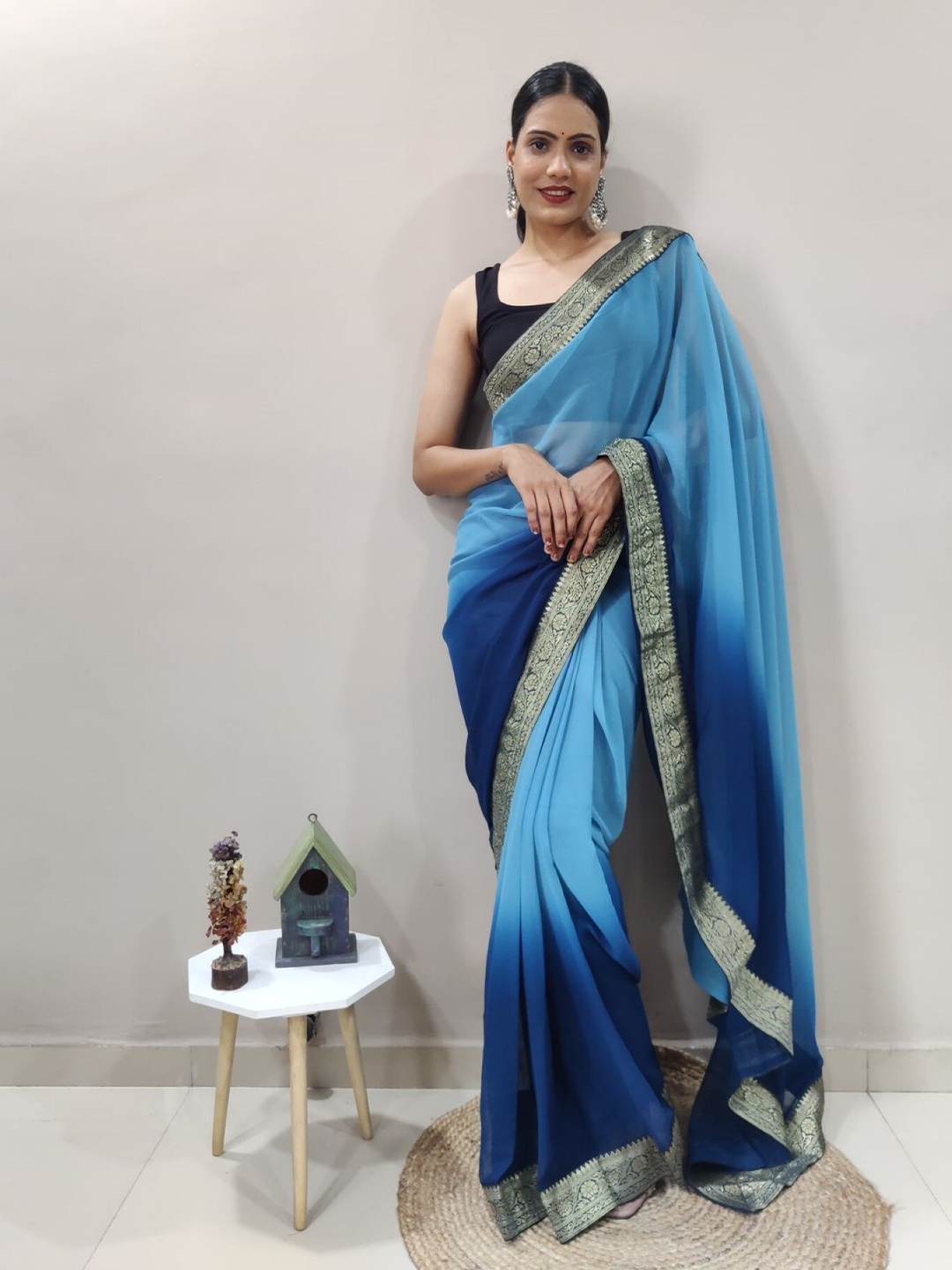

LeeliPeeri Designer Ombre Zari Ready to Wear Saree, Blue
