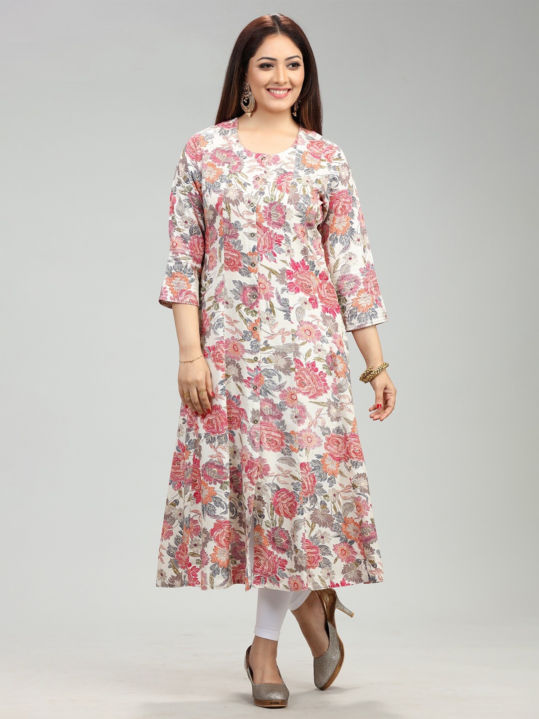 

COTTON CULTURE Round Neck Floral Printed A-Line Kurta, Off white