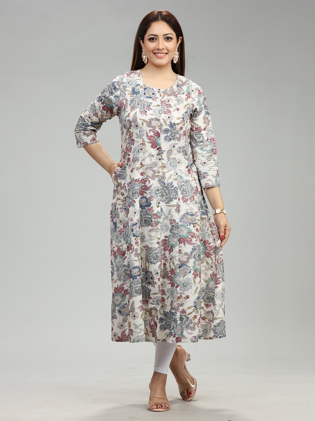 

COTTON CULTURE Floral Printed Pure Cotton A-Line Kurta, Off white