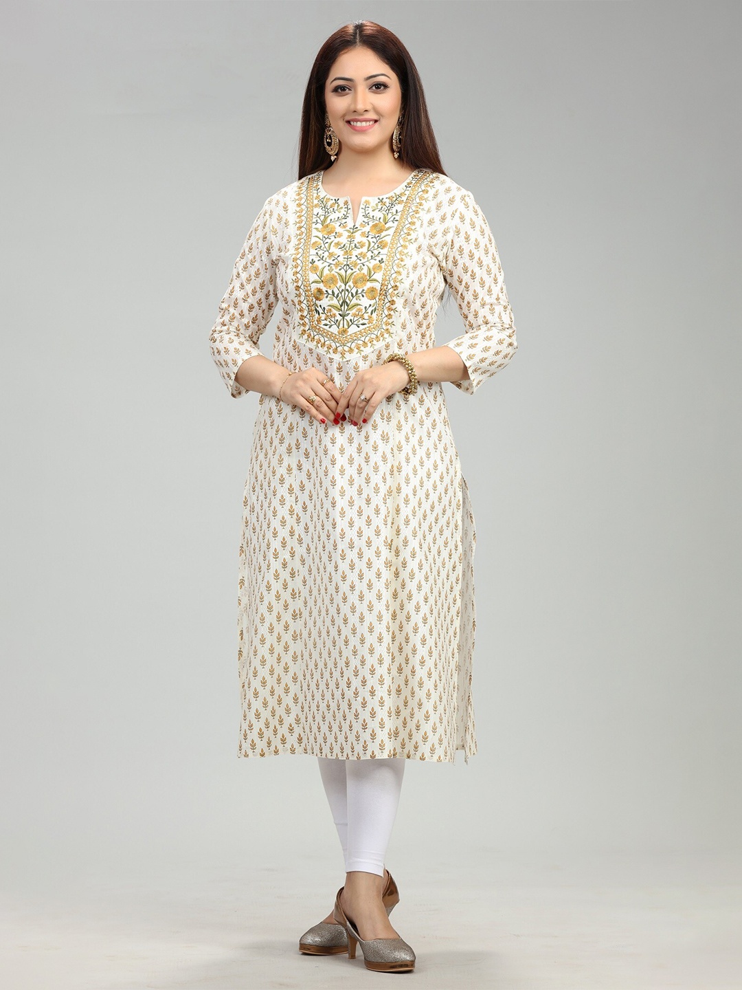 

COTTON CULTURE Samriddhi Notch Neck Floral Printed Embroidered Straight Kurta, Cream