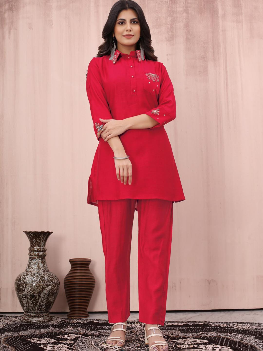 

STYLE SAMSARA Embroidered Pure Silk Top With Trousers Co-Ords, Red