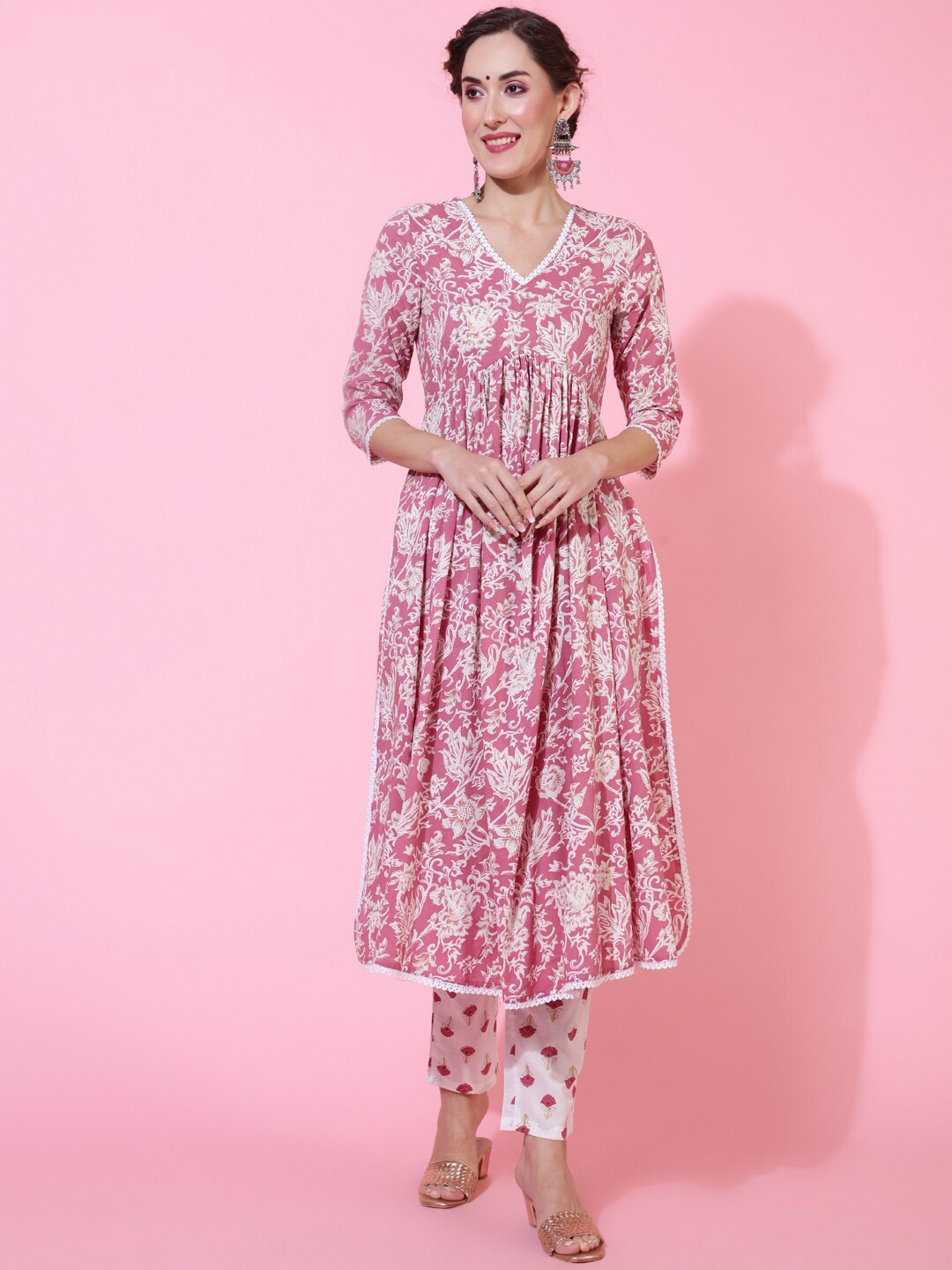 

GULMOHAR JAIPUR Floral Printed Empire Thread Work Pure Cotton Kurta With Trouser, Pink