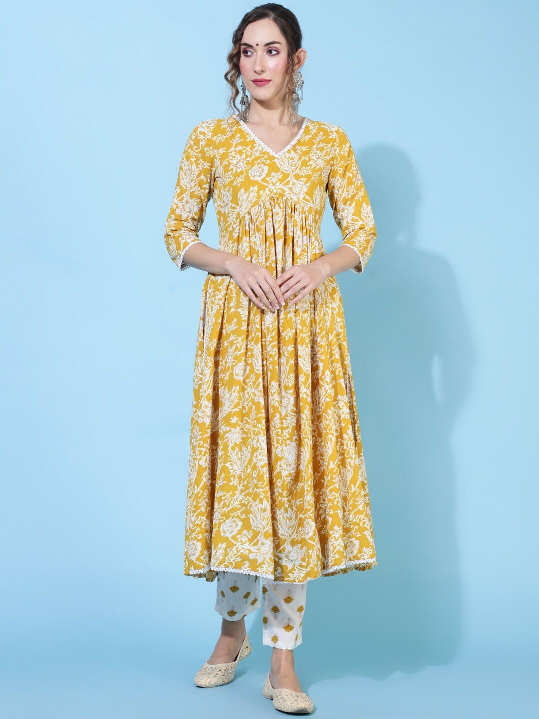 

GULMOHAR JAIPUR Floral Printed Empire Thread Work Pure Cotton Kurta with Trousers, Mustard