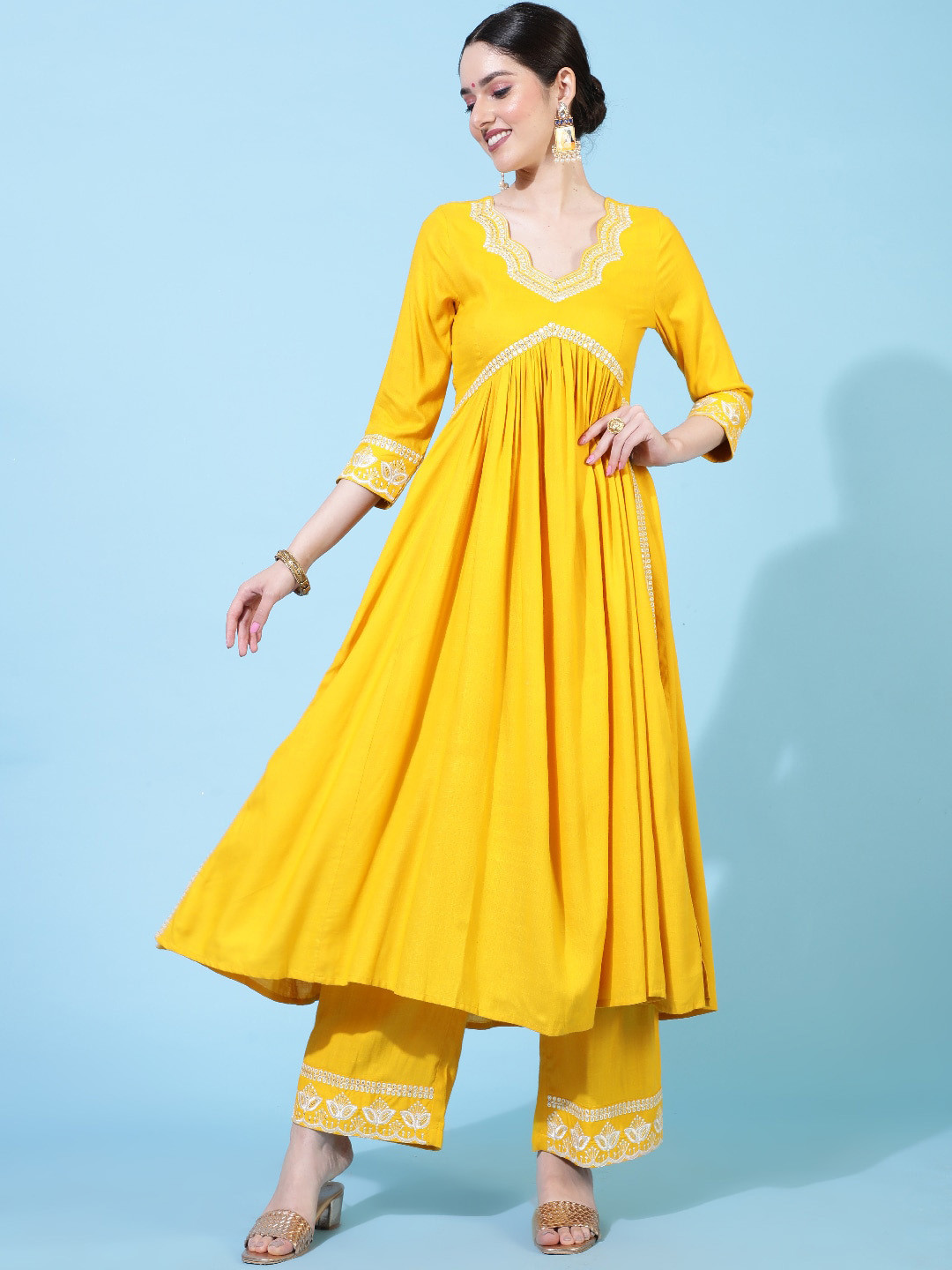

GULMOHAR JAIPUR Geometric Mirror Work Embroidered A Line Kurta With Palazzos, Mustard