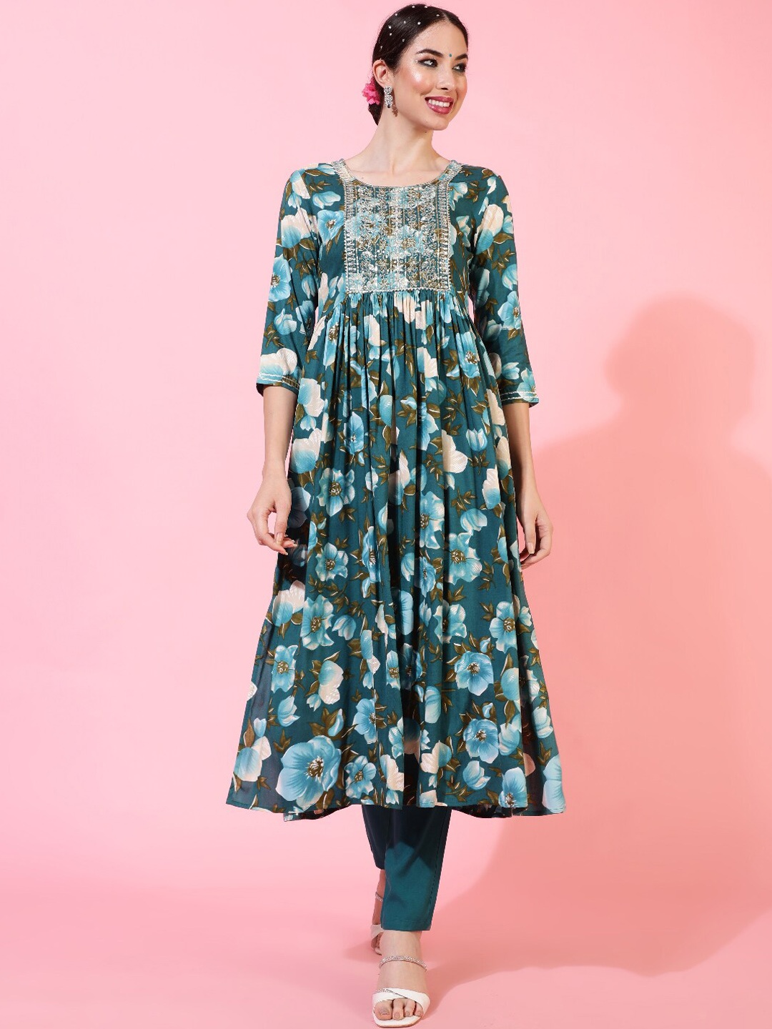 

GULMOHAR JAIPUR Floral Printed Round Neck Gotta Patti Empire Kurta With Trouser, Teal