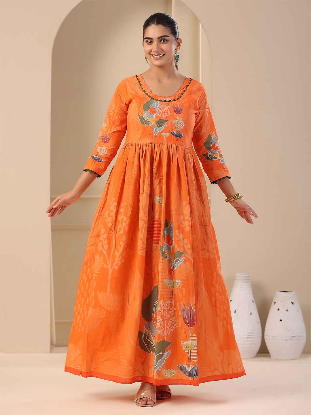 

FASHOR Floral Printed Zari Embellished Pleated Maxi Dress, Orange