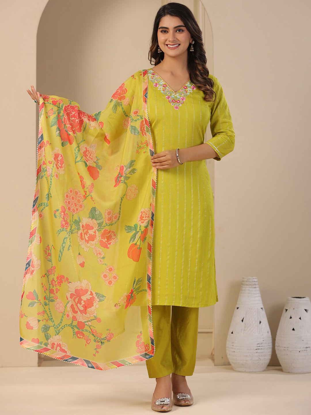 

FASHOR Striped V-Neck Regular Sequinned Kurta With Trousers & With Dupatta, Lime green