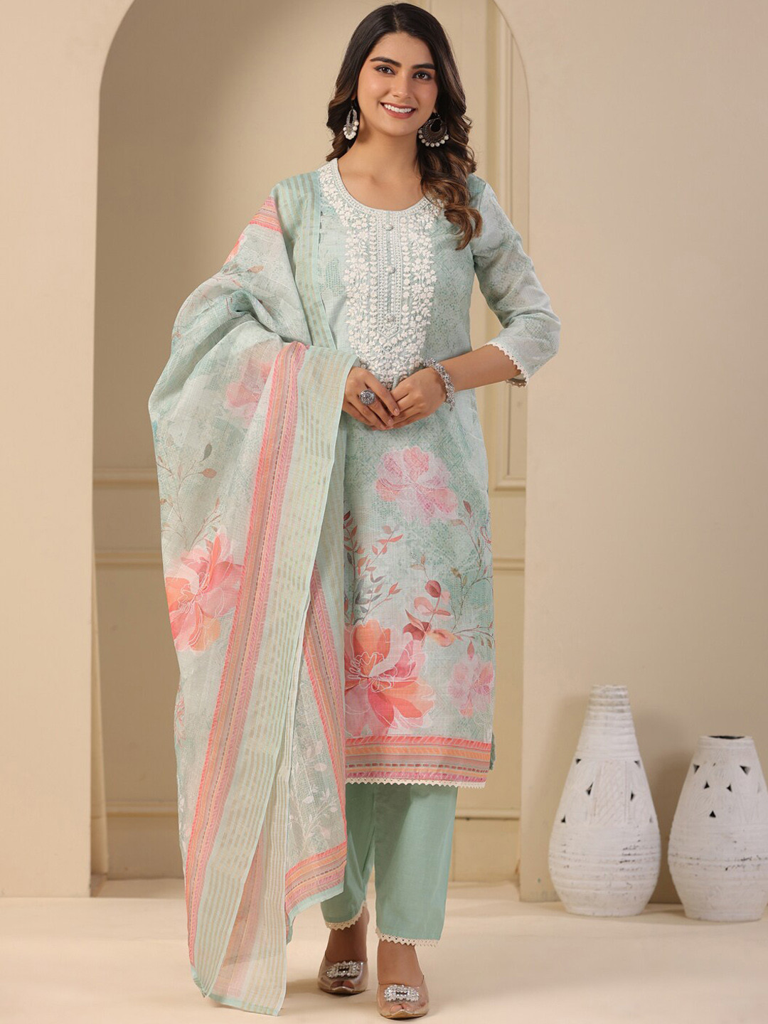 

FASHOR Floral Embroidered Round Neck Chikankari Straight Kurta with Trousers & Dupatta, Green