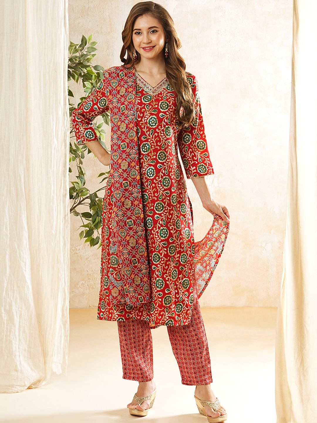 

FASHOR Ethnic Motifs Printed Embroidered Linen Kurta with Trousers & With Dupatta, Red