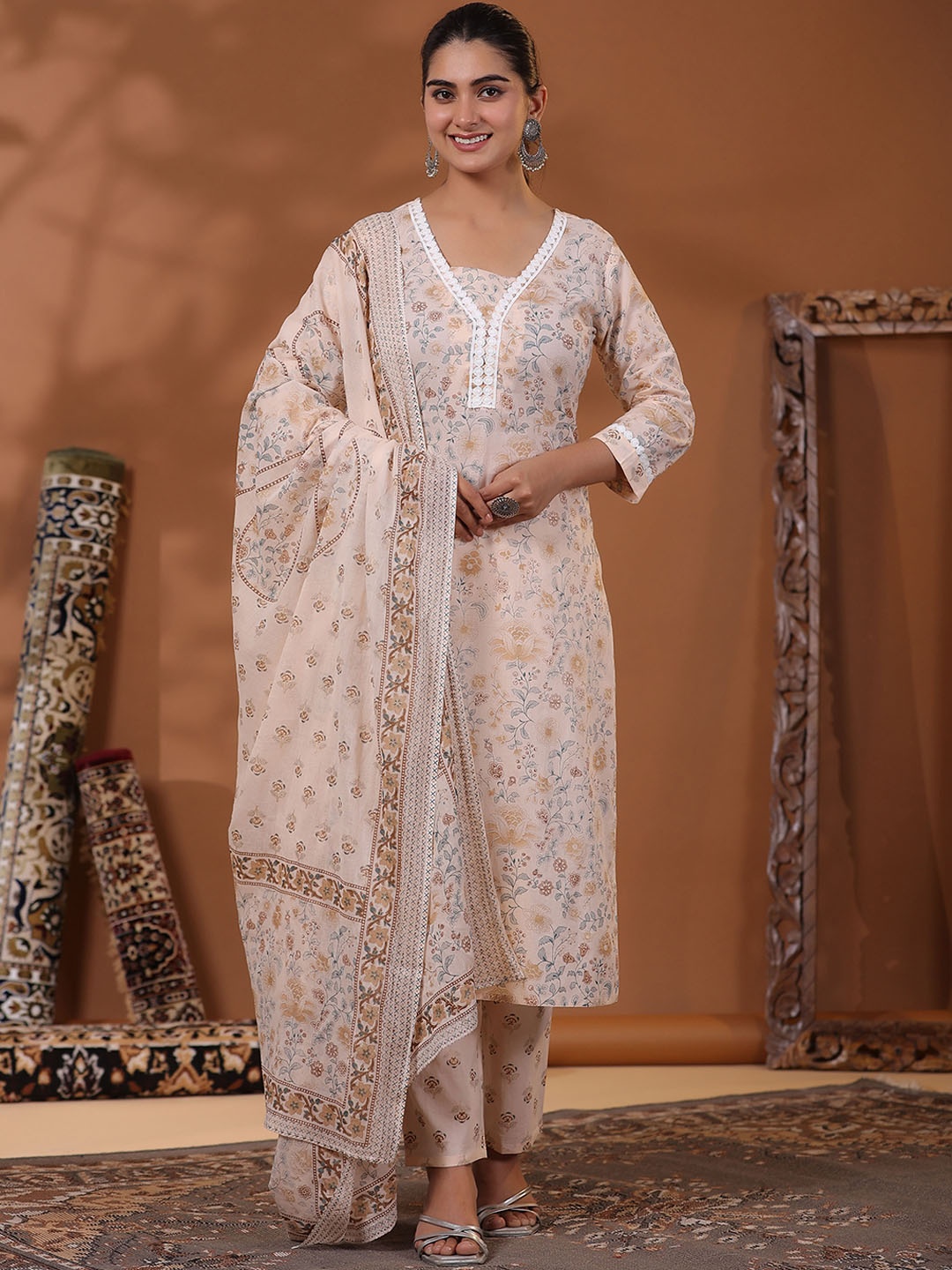 

FASHOR Floral Printed Thread Work Pure Cotton Straight Kurta with Trousers & Dupatta, Peach