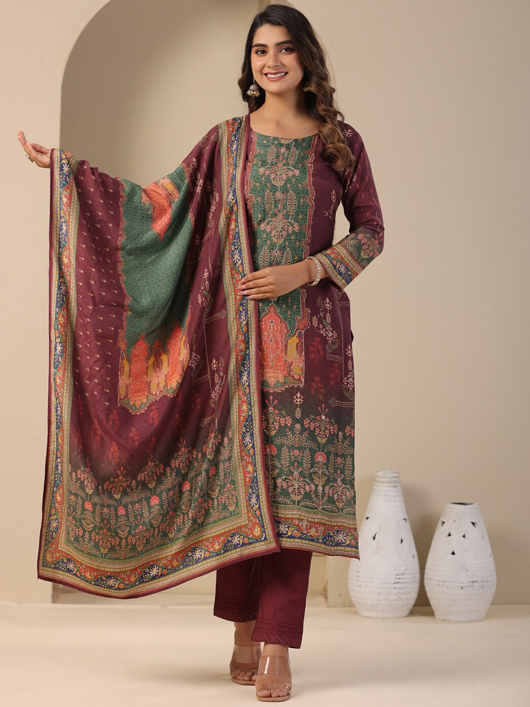 

FASHOR Ethnic Motifs Printed Mirror Work Straight Kurta with Trousers & Dupatta, Burgundy