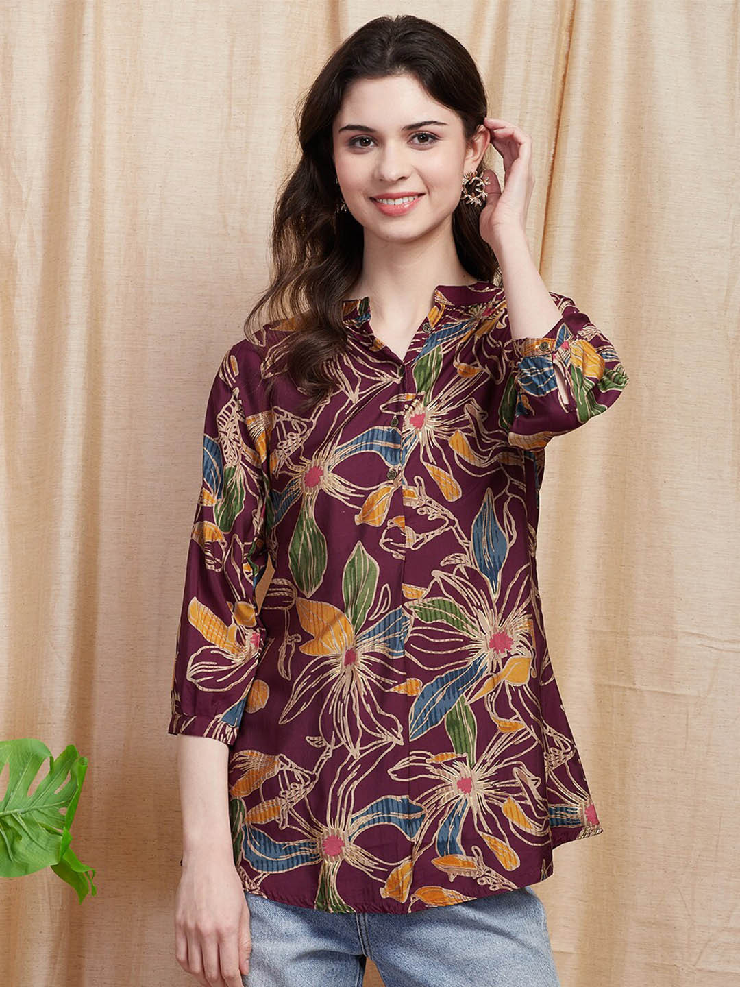 

FASHOR Mauve Floral Printed Mandarin Collar A-Line Kurti