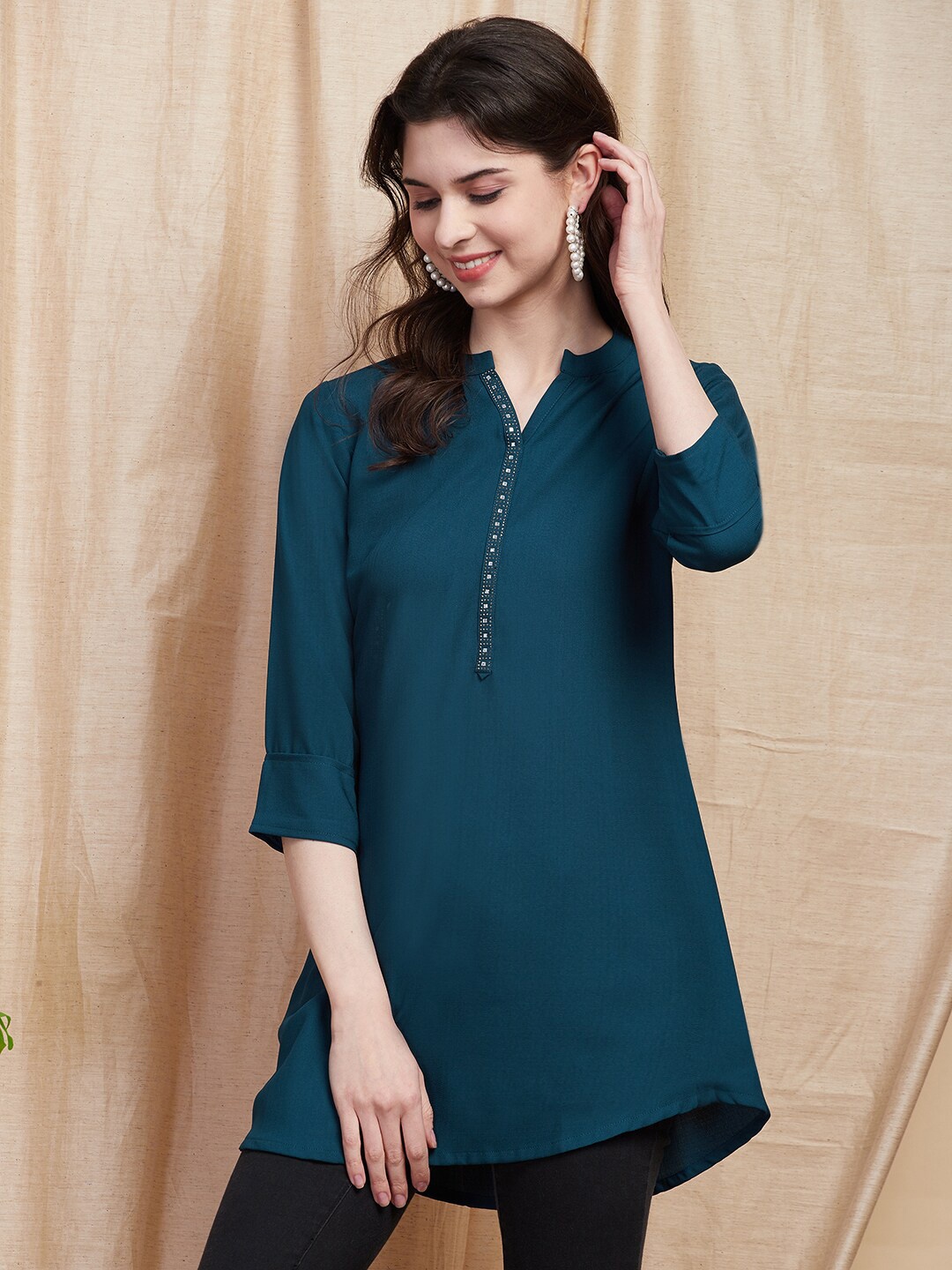 

FASHOR Teal Blue Mandarin Collar Beads and Stones Crepe A-Line Kurti