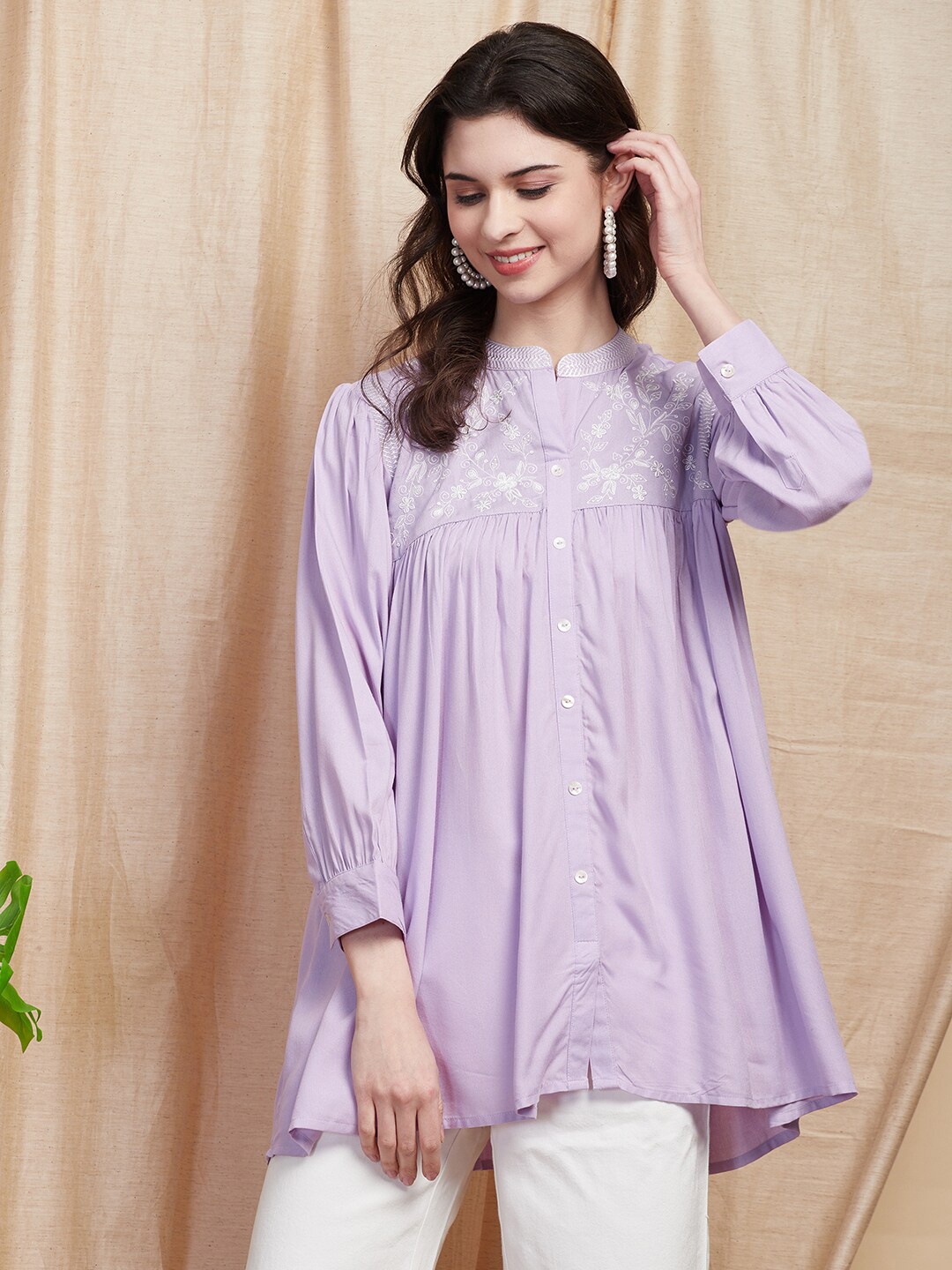 

FASHOR Purple Ethnic Motifs Embroidered Thread Work Detailed A-Line Kurti