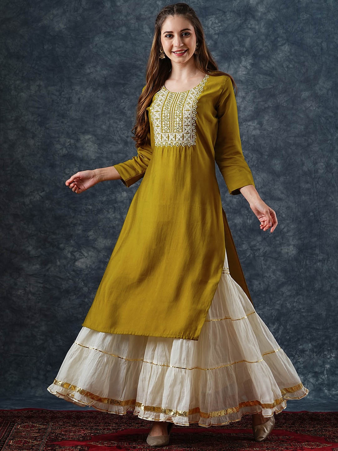 

FASHOR Yoke Design Round Neck Three-Quarter Sleeves Thread Work Straight Kurta, Mustard