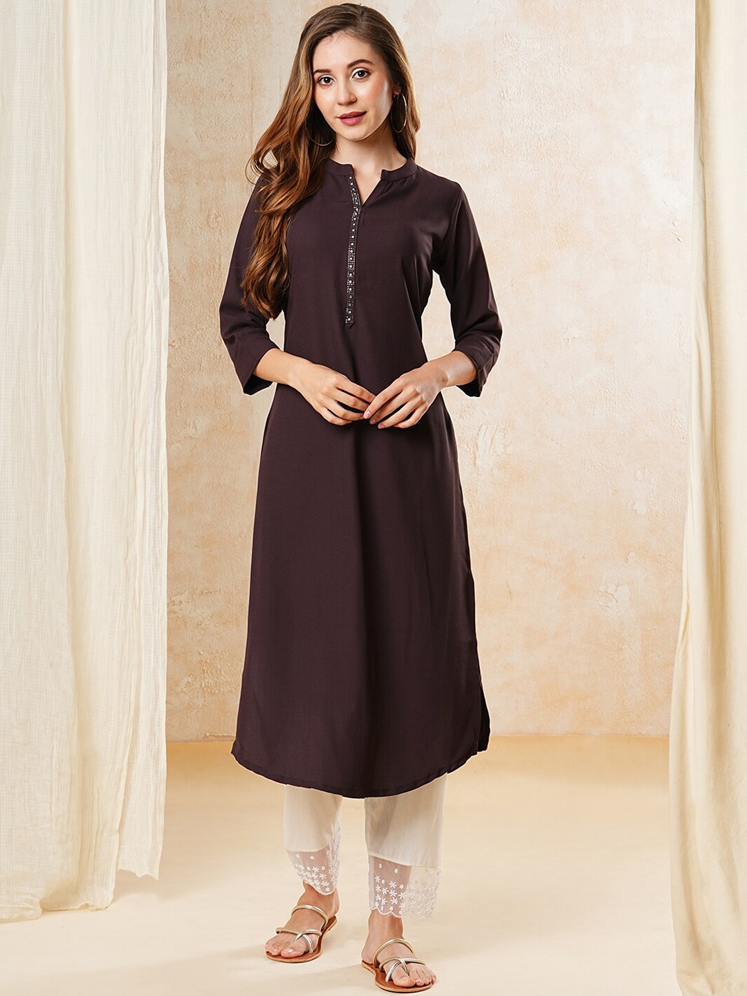 

FASHOR Embellished Straight Kurta, Brown