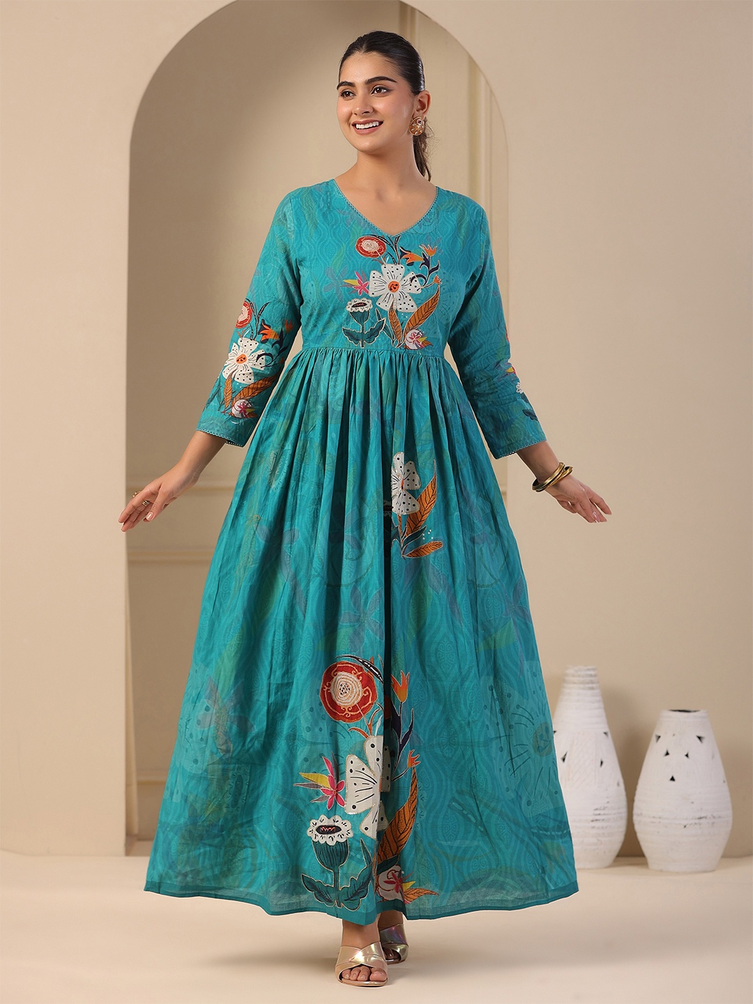 

FASHOR Floral Printed Zari & Sequins Embellished Pleated Maxi Dress, Blue