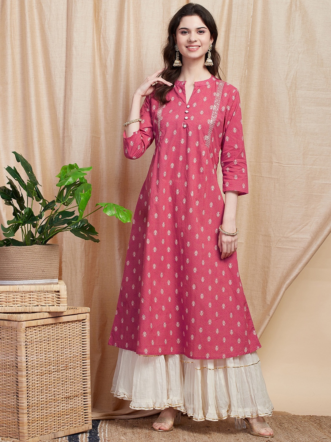 FASHOR Ethnic Motifs Printed Mandarin Collar Straight Pure Cotton Kurta, Pink