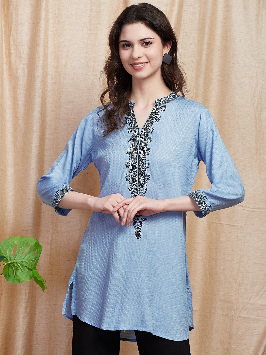 

FASHOR Blue Geometric Woven Design Thread Work Detailed A-Line Kurti