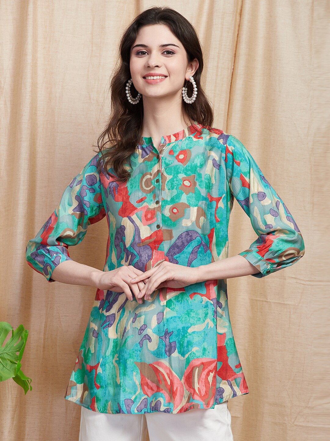 

FASHOR Teal Green Abstract Printed Mandarin Collar A-Line Kurti