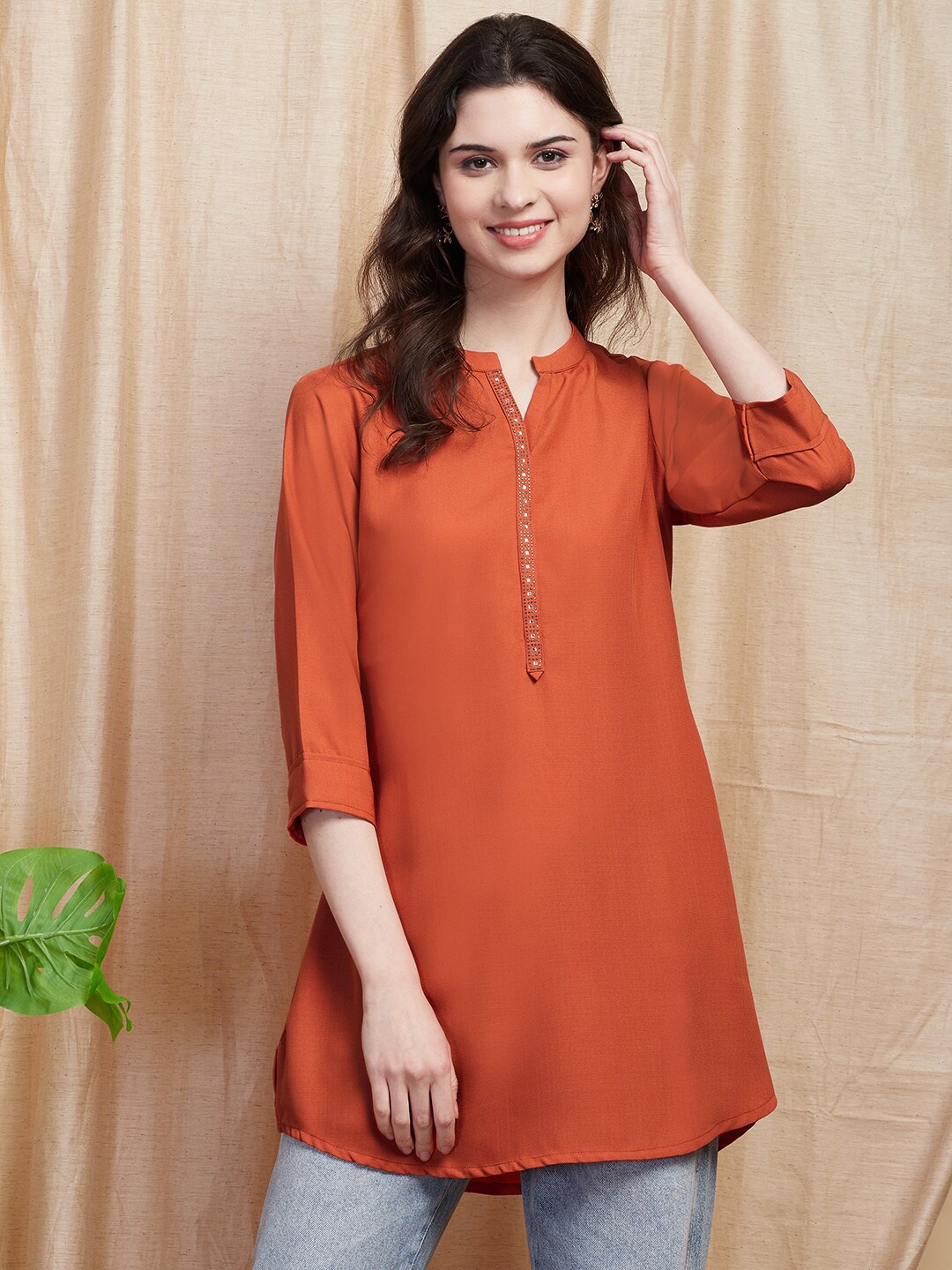 

FASHOR Rust Mandarin Collar Beads and Stones Crepe A-Line Kurti