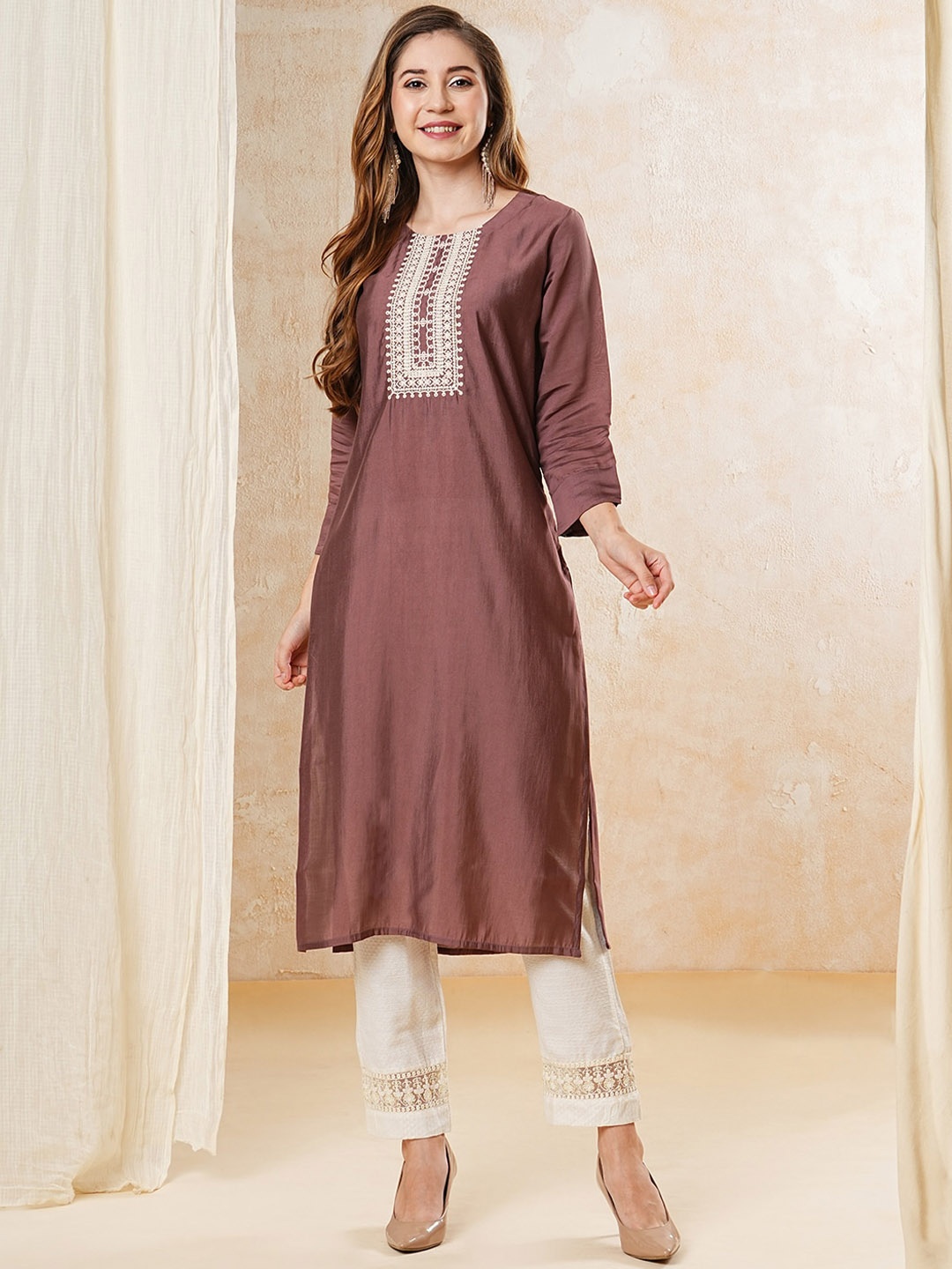 

FASHOR Ethnic Motifs Yoke Design Straight Kurta, Mauve