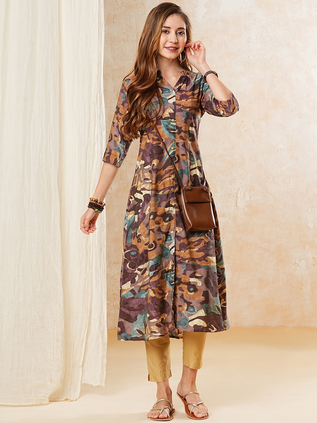 

FASHOR Abstract Printed A-line Kurta, Brown