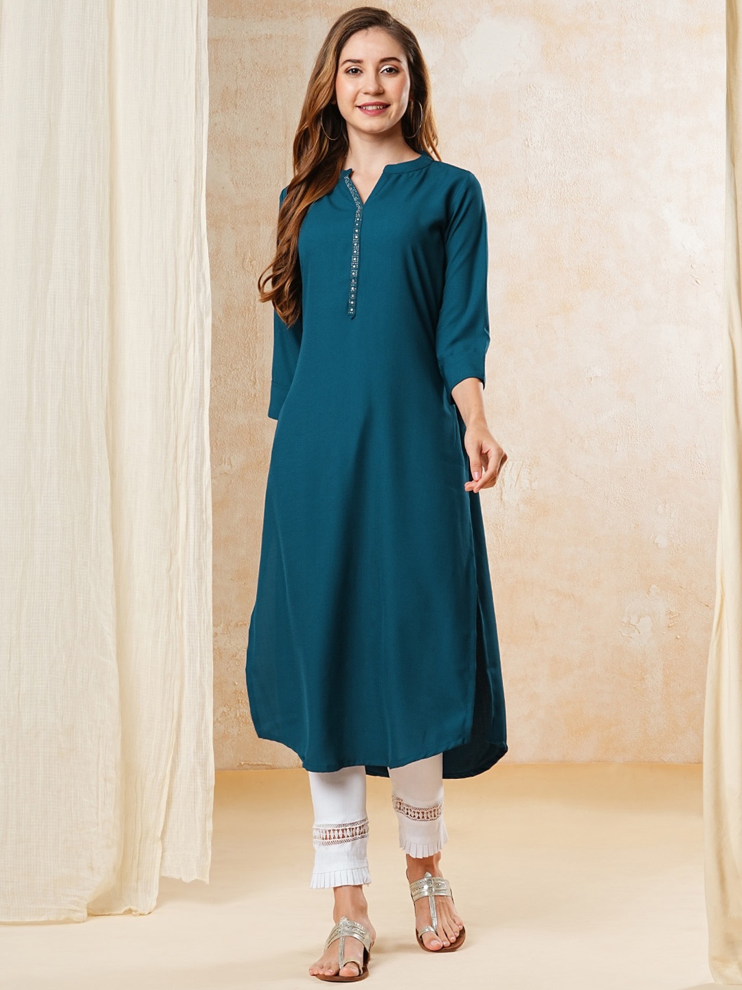 

FASHOR Mandarin Collar High-Low A-line Kurta, Teal