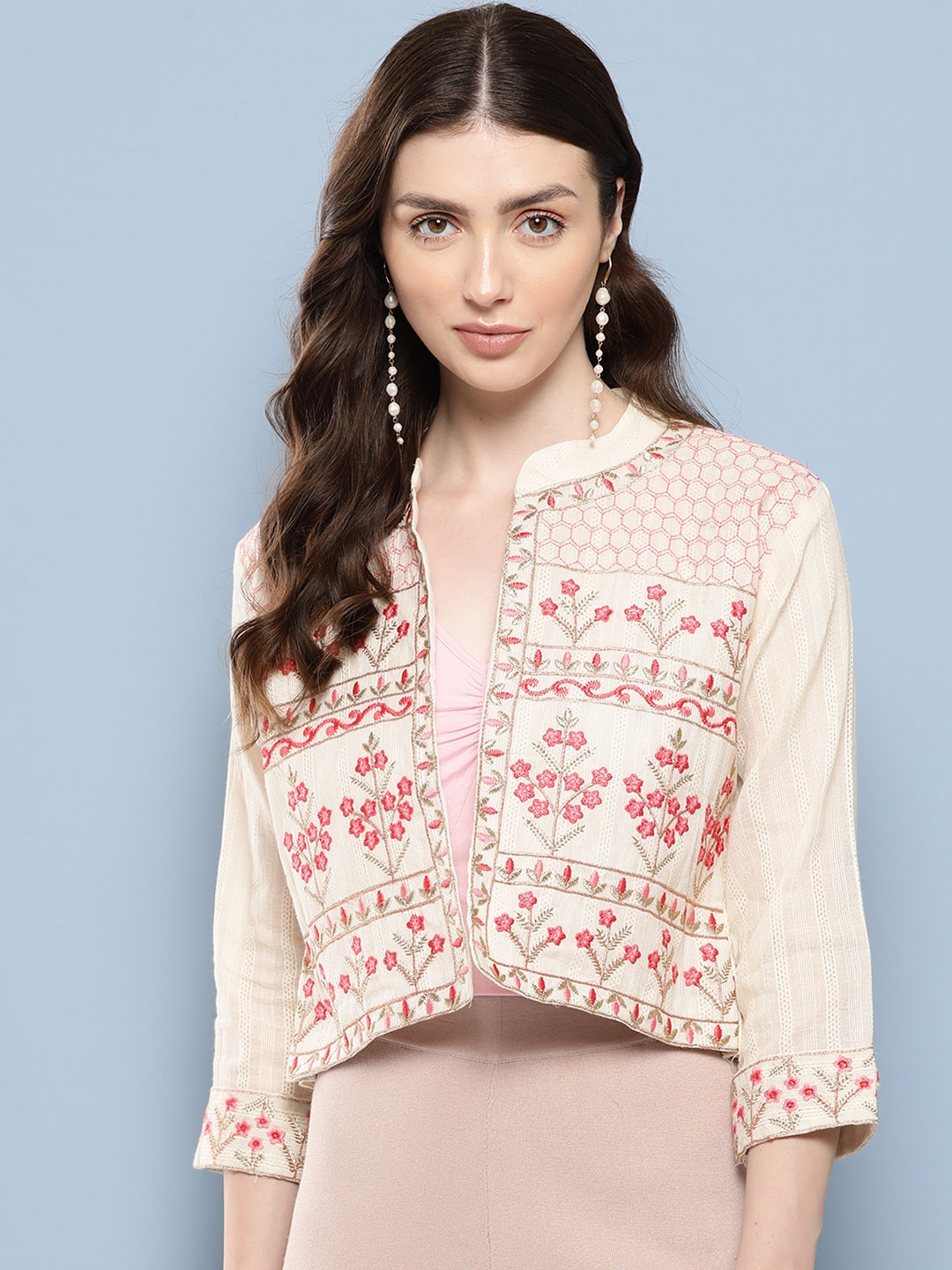 

Aarika Women Floral Embroidered Lightweight Open Front Jacket, Cream