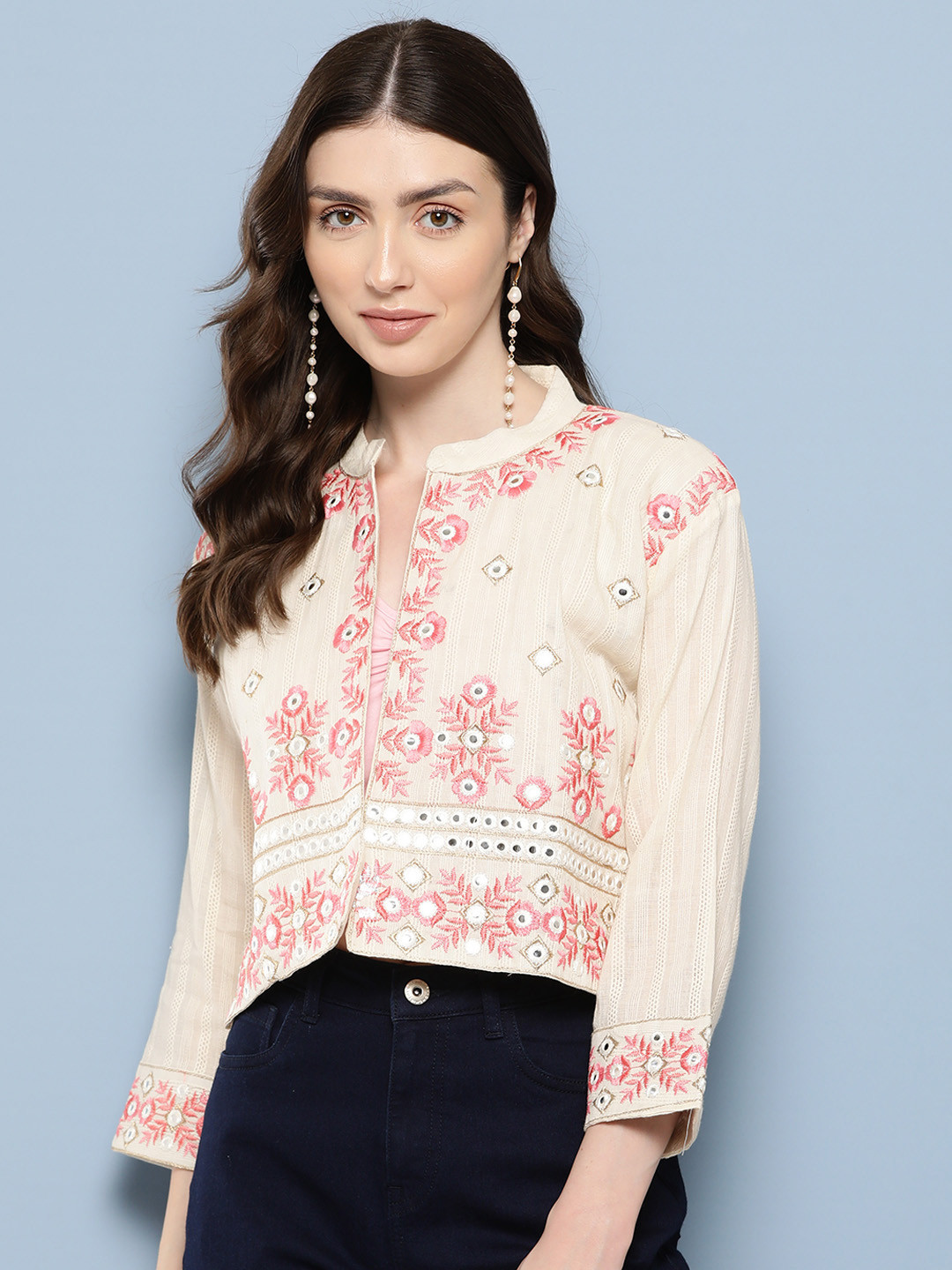 

Aarika Women Floral Embroidered Lightweight Open Front Jacket, Cream