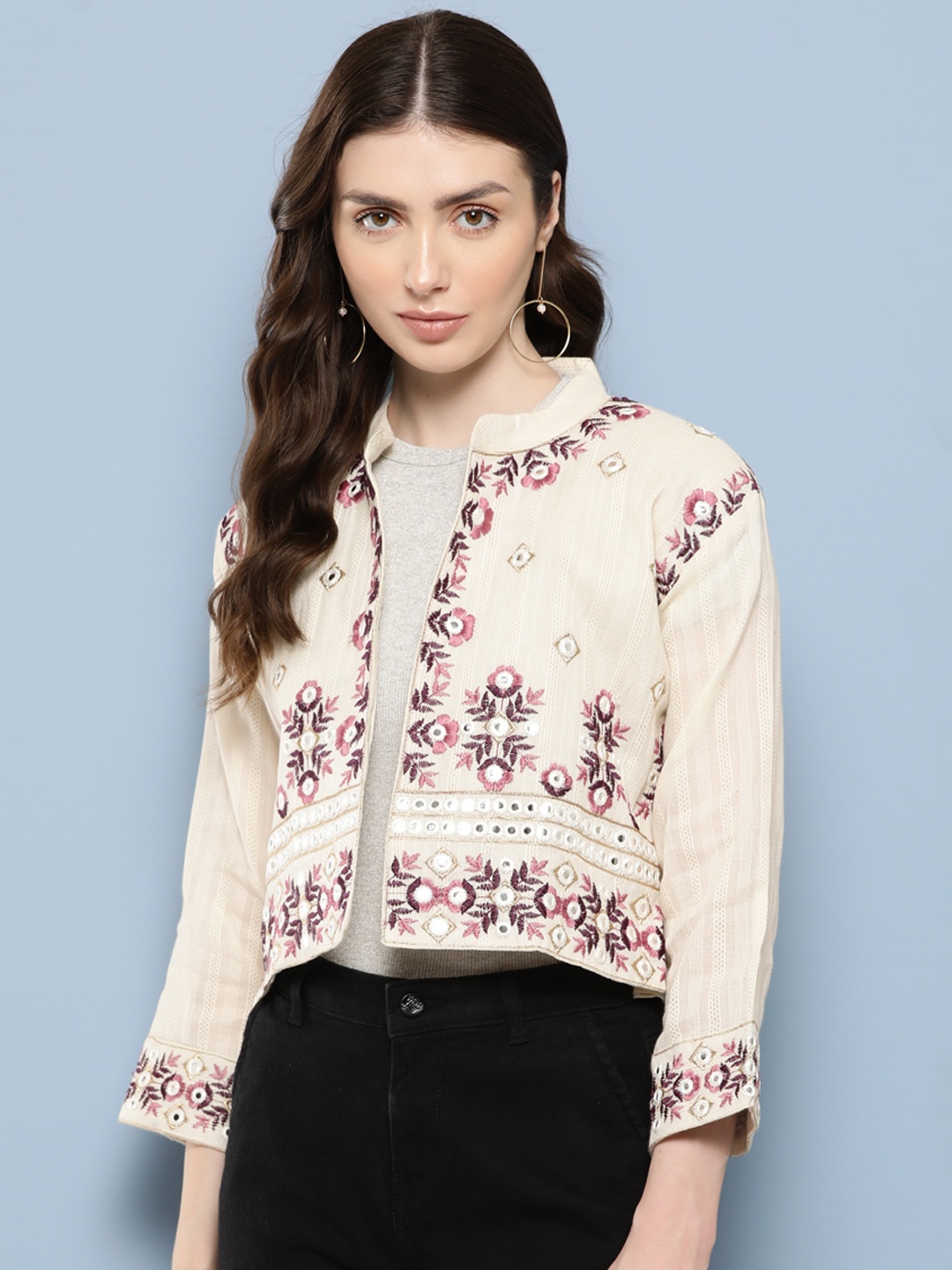 

Aarika Women Floral Embroidered Lightweight Open Front Jacket, Cream