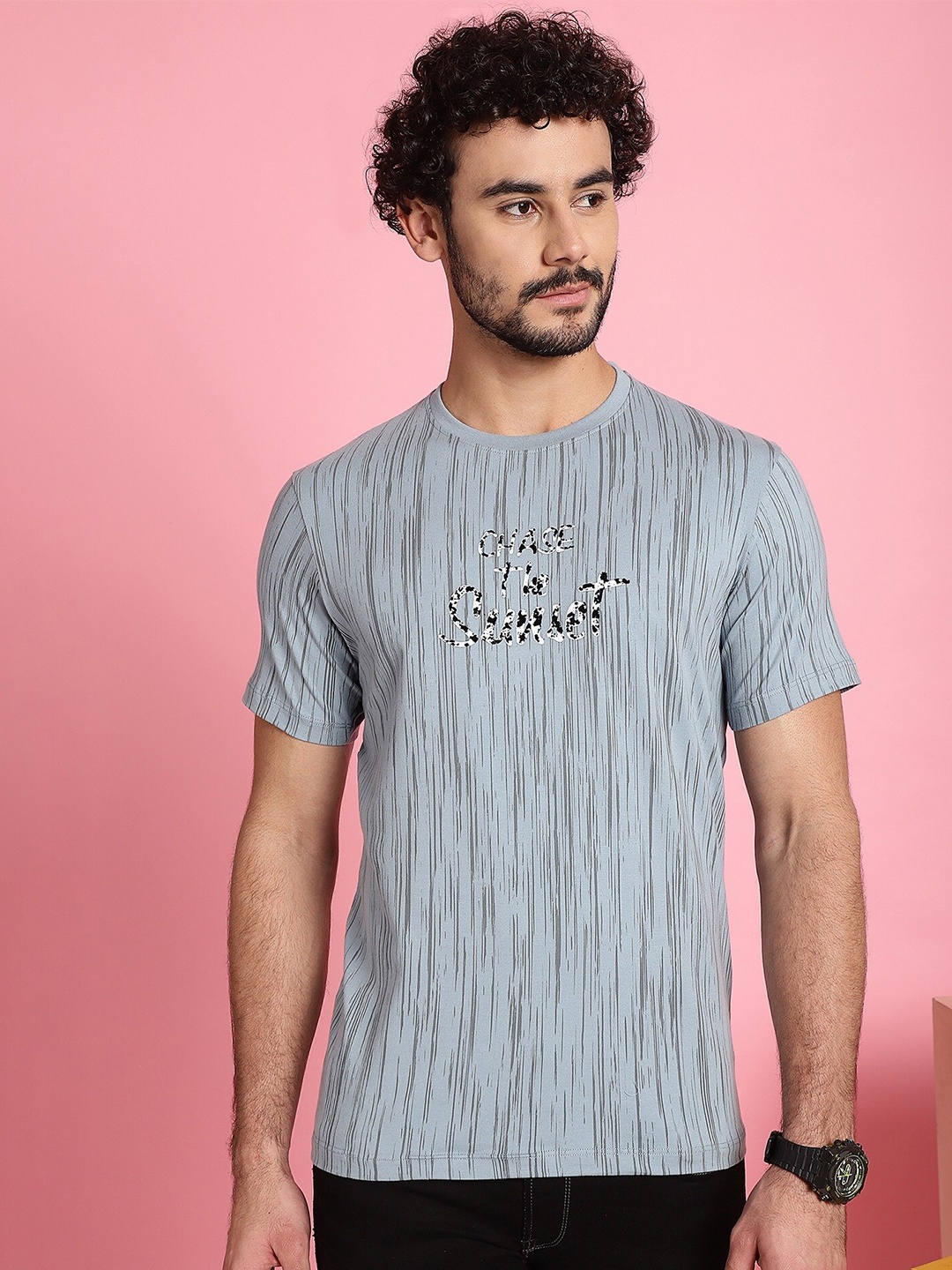 

VENITIAN Round Neck Short Sleeves Cotton Slim Fit T-shirt, Silver