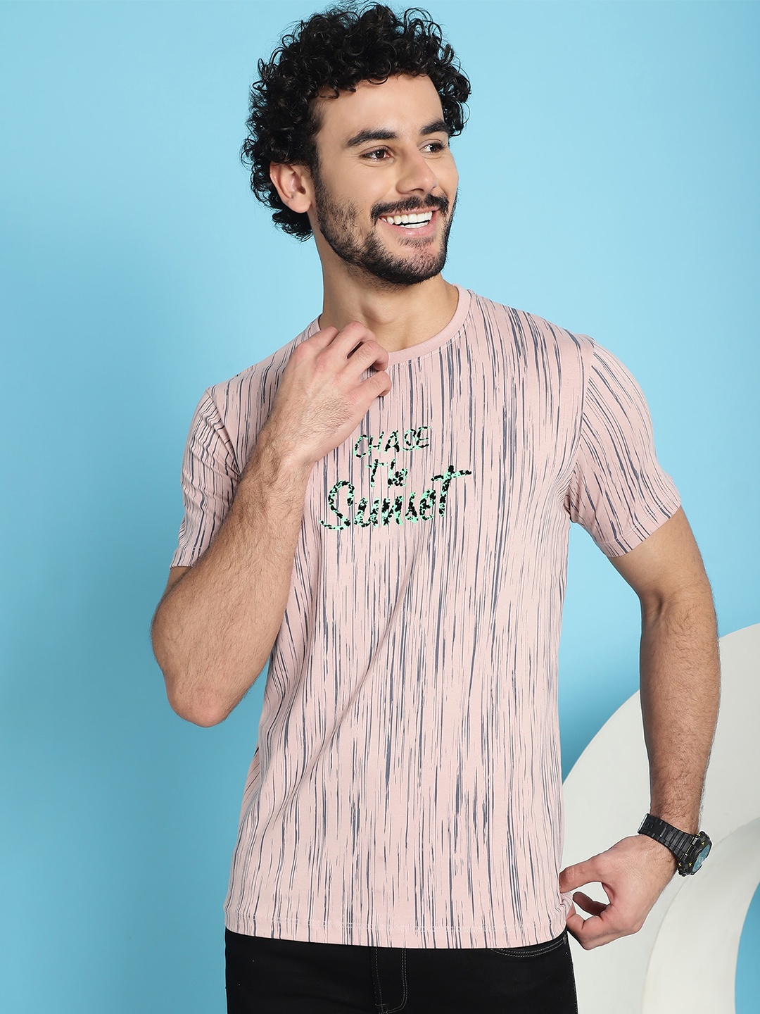 

VENITIAN Typography Striped Cotton Slim Fit T-shirt, Pink