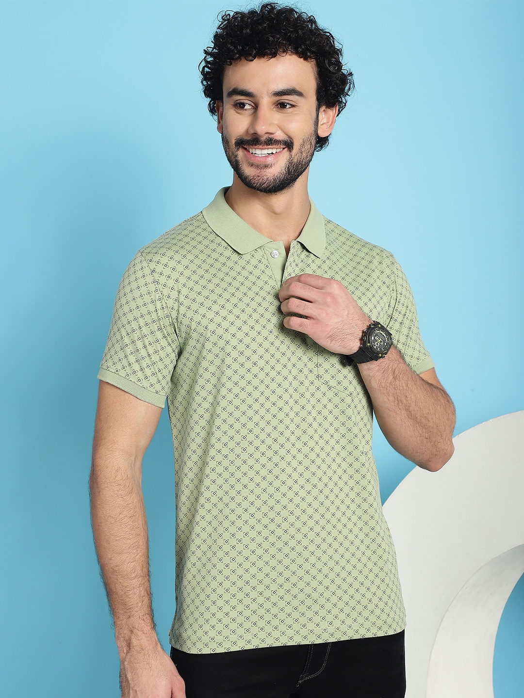 

VENITIAN Polka Dot Printed Polo Collar Cotton Slim Fit T-shirt, Lime green