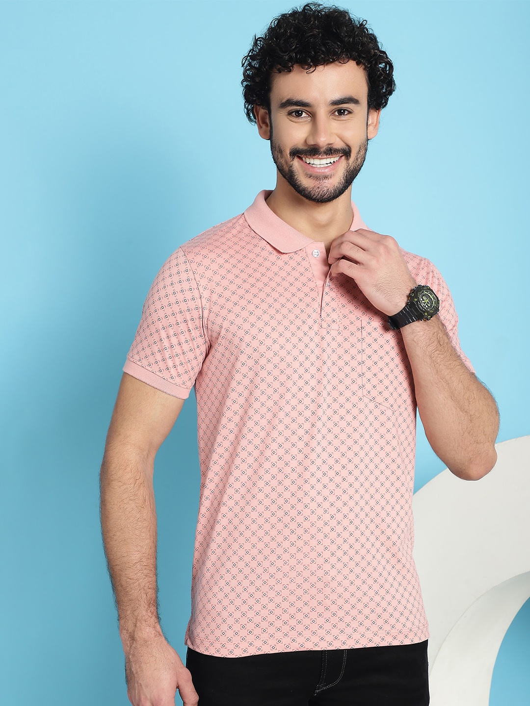 

VENITIAN Printed Polo Collar Cotton Slim Fit T-shirt, Pink